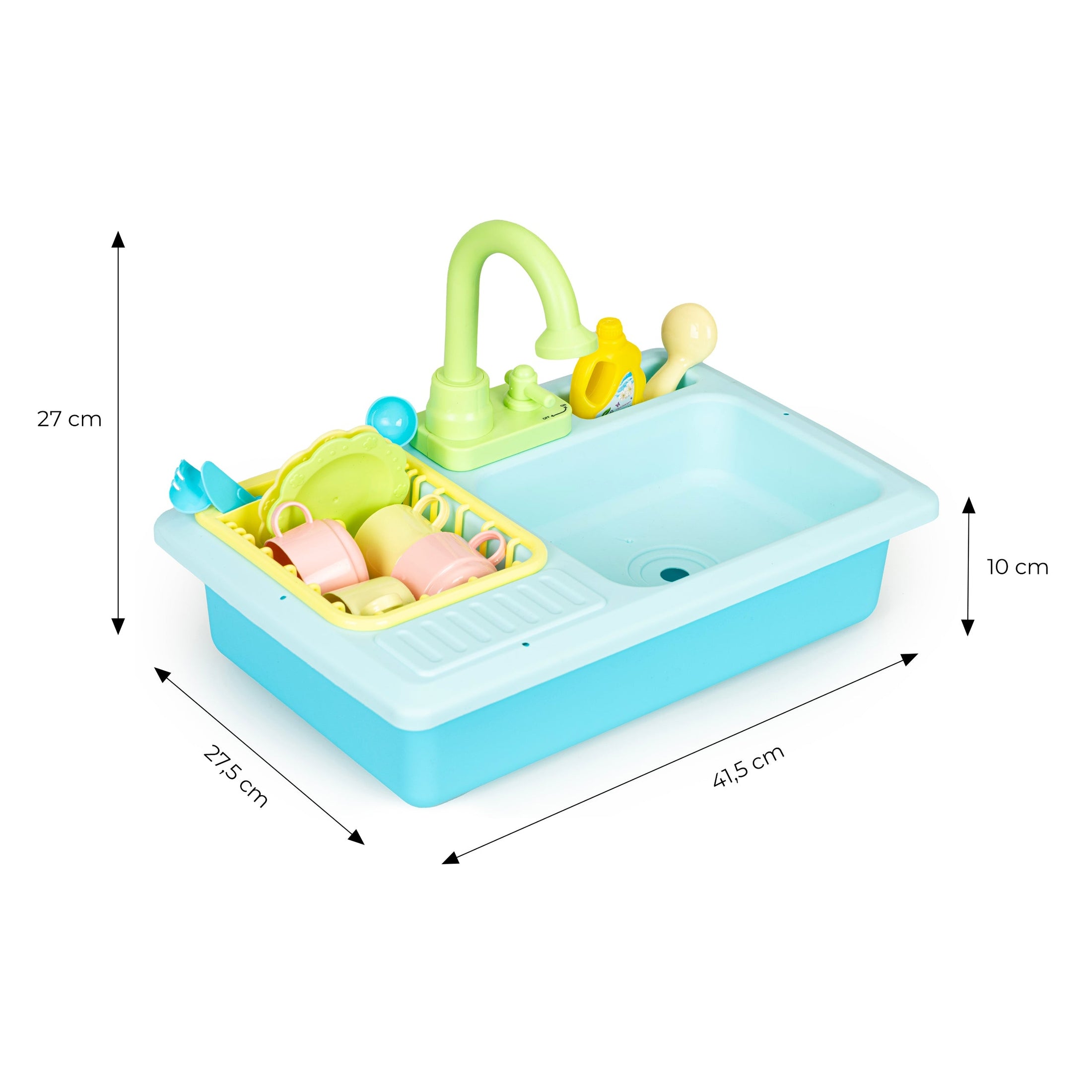 Virtuves izlietne ar krānu, kas piepildīts ar ūdeni, 12 piederumi, bērnu rotaļlieta 