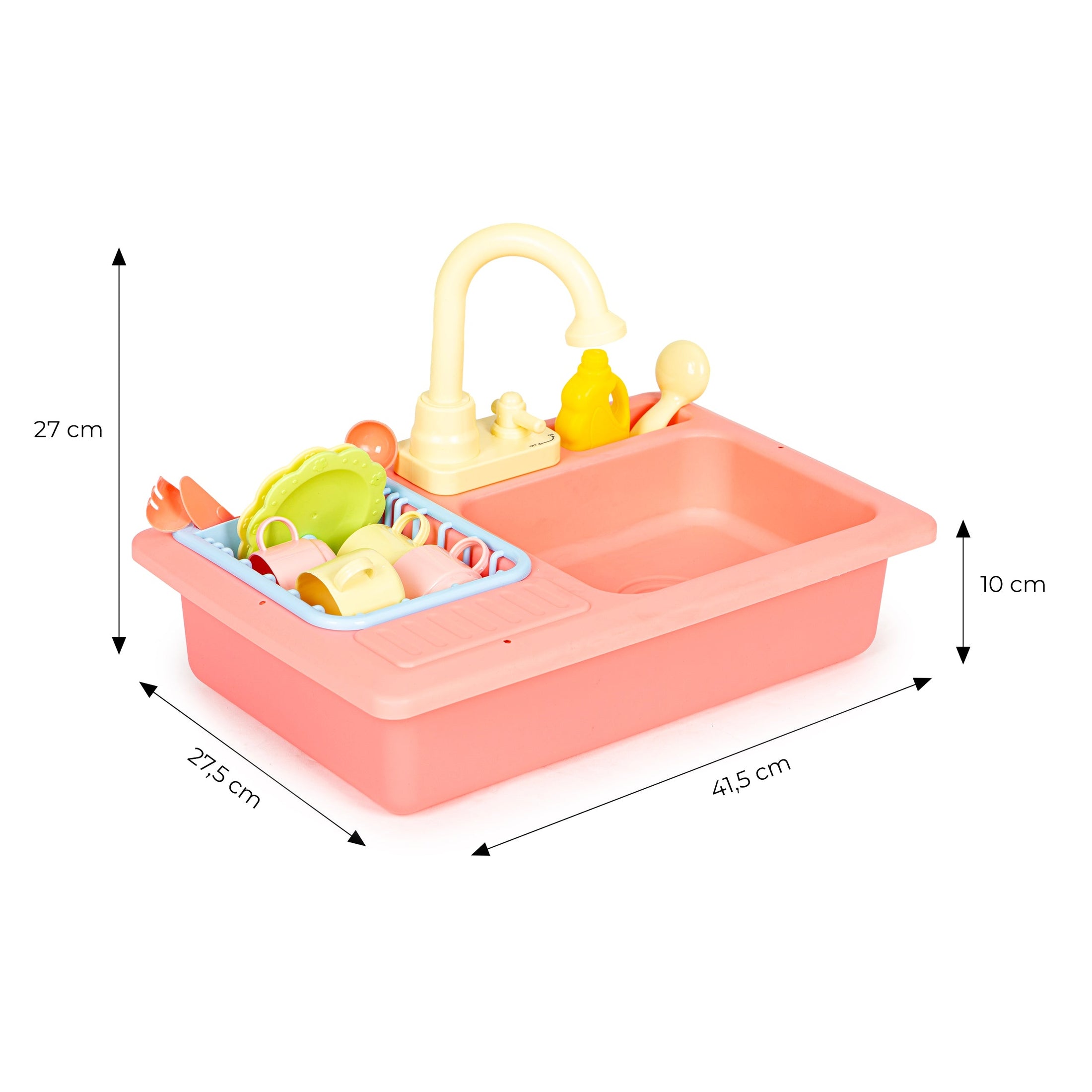 Virtuves izlietne ar krānu, kas piepildīts ar ūdeni, 12 piederumi, bērnu rotaļlieta 